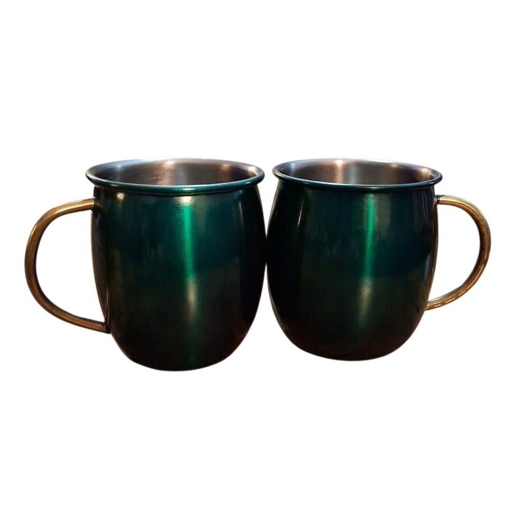 Set of 2 Emerald Green 4"T Moscow Mule Bar Mugs w/Gold Handles 16fl.oz.